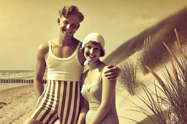 Billede skabt af AI. Forestiller en mand og kvinde fra 1920'erne på en dansk badestrand.